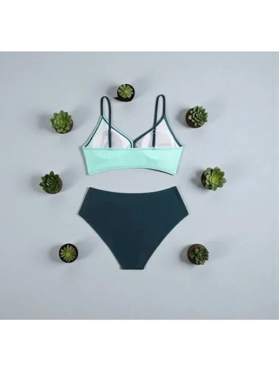 Bikini Set High Waisted Bottom & Twist Front Top Size M Green & Teal - Picture 3 of 10